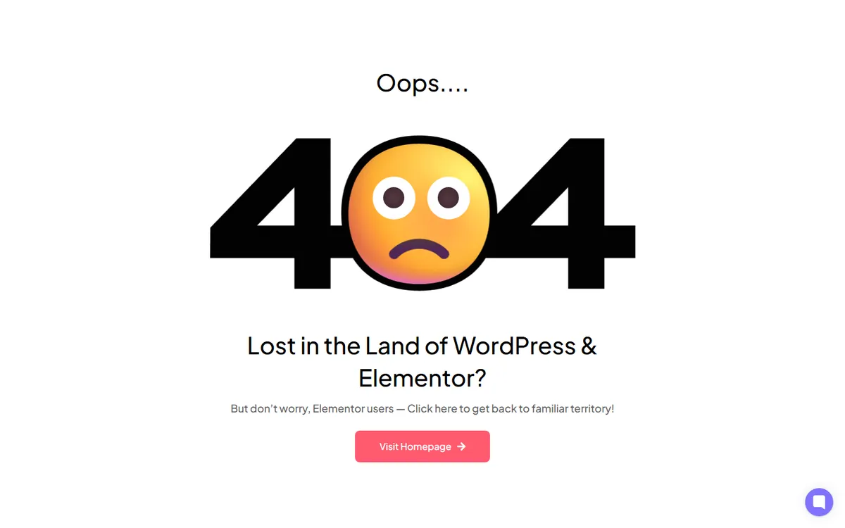 404 Page Examples: 20 Designs That Win Back Lost Visitors (And How To Build One In Elementor) The plus addons for elementor 404 page with an animated emoji in the 404, a lost in the land of wordpress and elementor heading and a visit homepage button