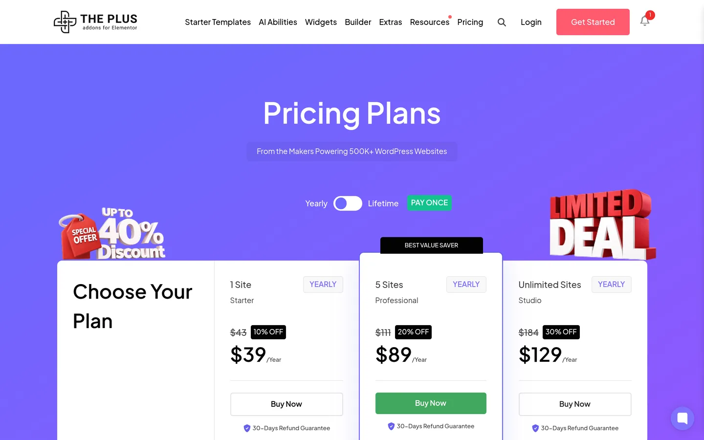 The plus addons for elementor pricing page showing starter professional and studio yearly plans