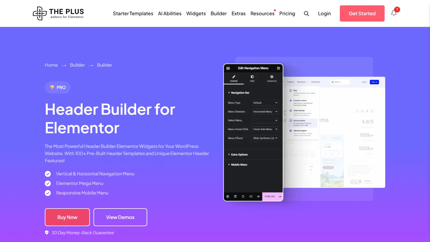 The plus addons for elementor header builder page showing the navigation menu, mega menu and mobile menu feature list