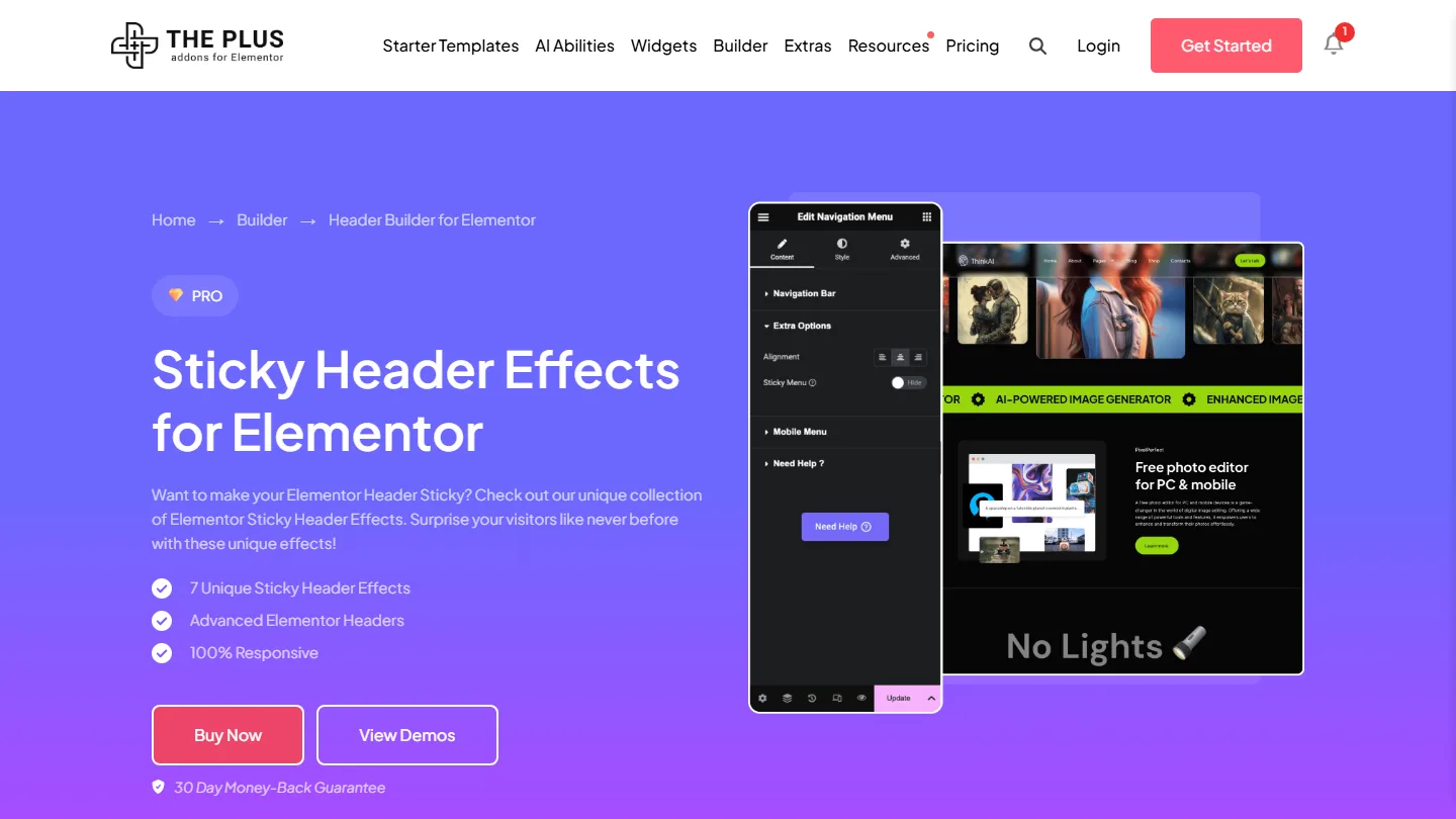 The plus addons for elementor sticky header effects page listing seven sticky header effects