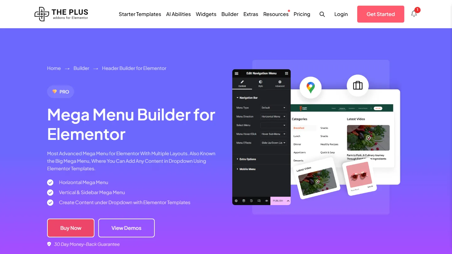The plus addons for elementor mega menu builder page with horizontal and vertical mega menu layouts