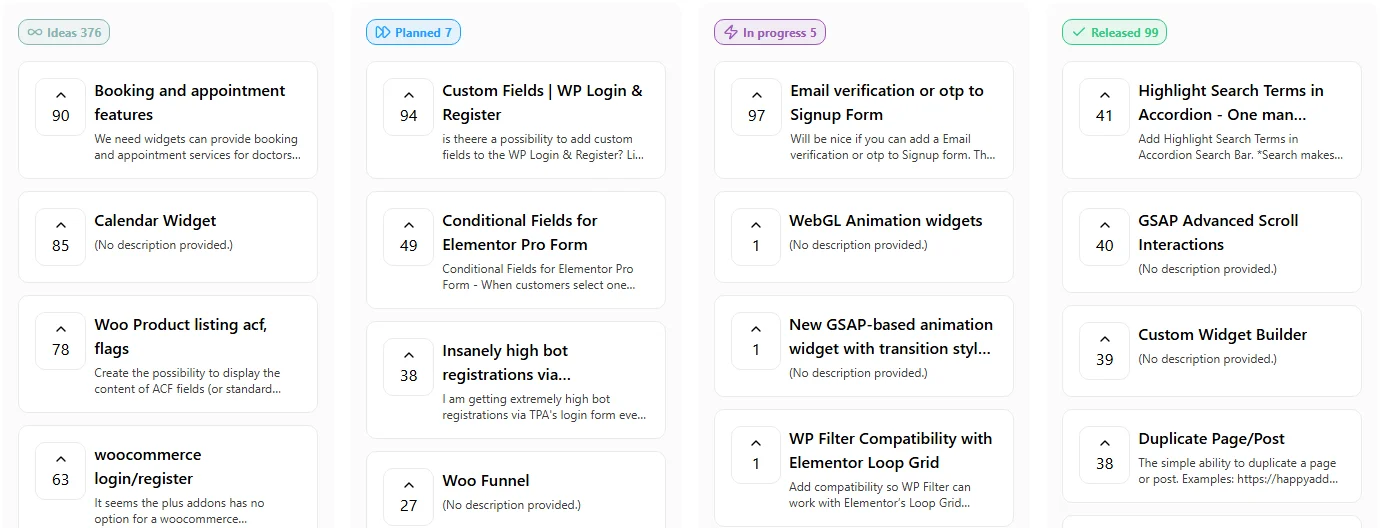 September 2026 Update: AI Design Skills, Keyboard Access, And Safer Forms The plus addons for elementor public roadmap board with planned and in progress columns