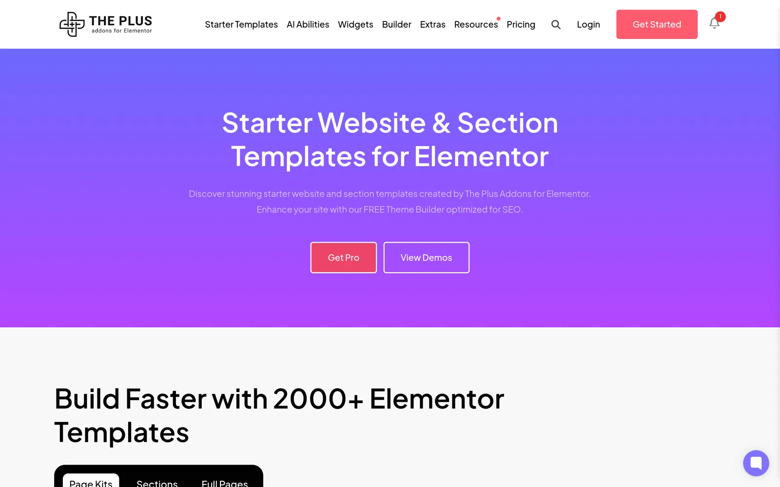 The plus addons for elementor starter templates page with the 2000+ templates heading