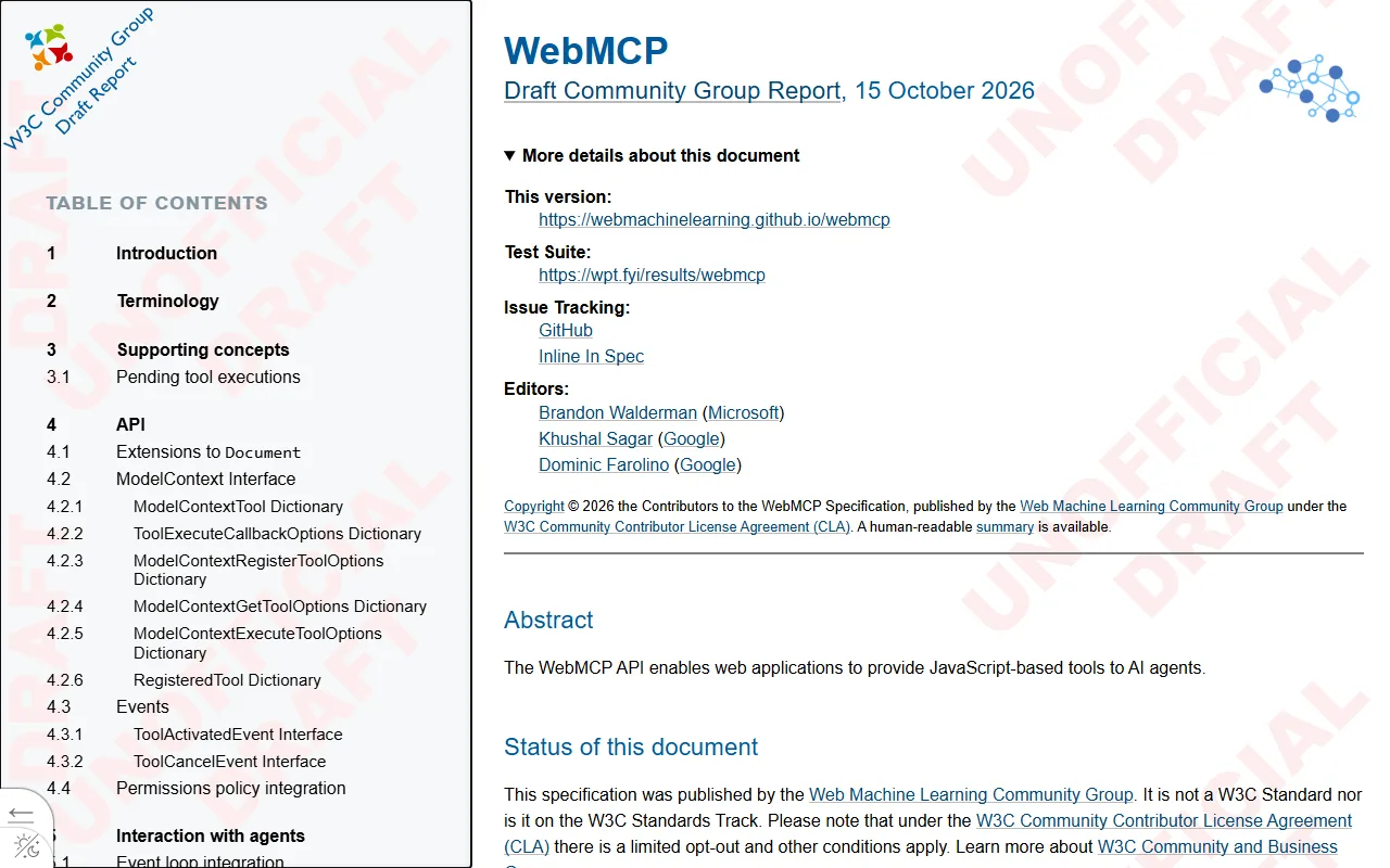 Webmcp specification page labelled draft community group report 15 october 2026