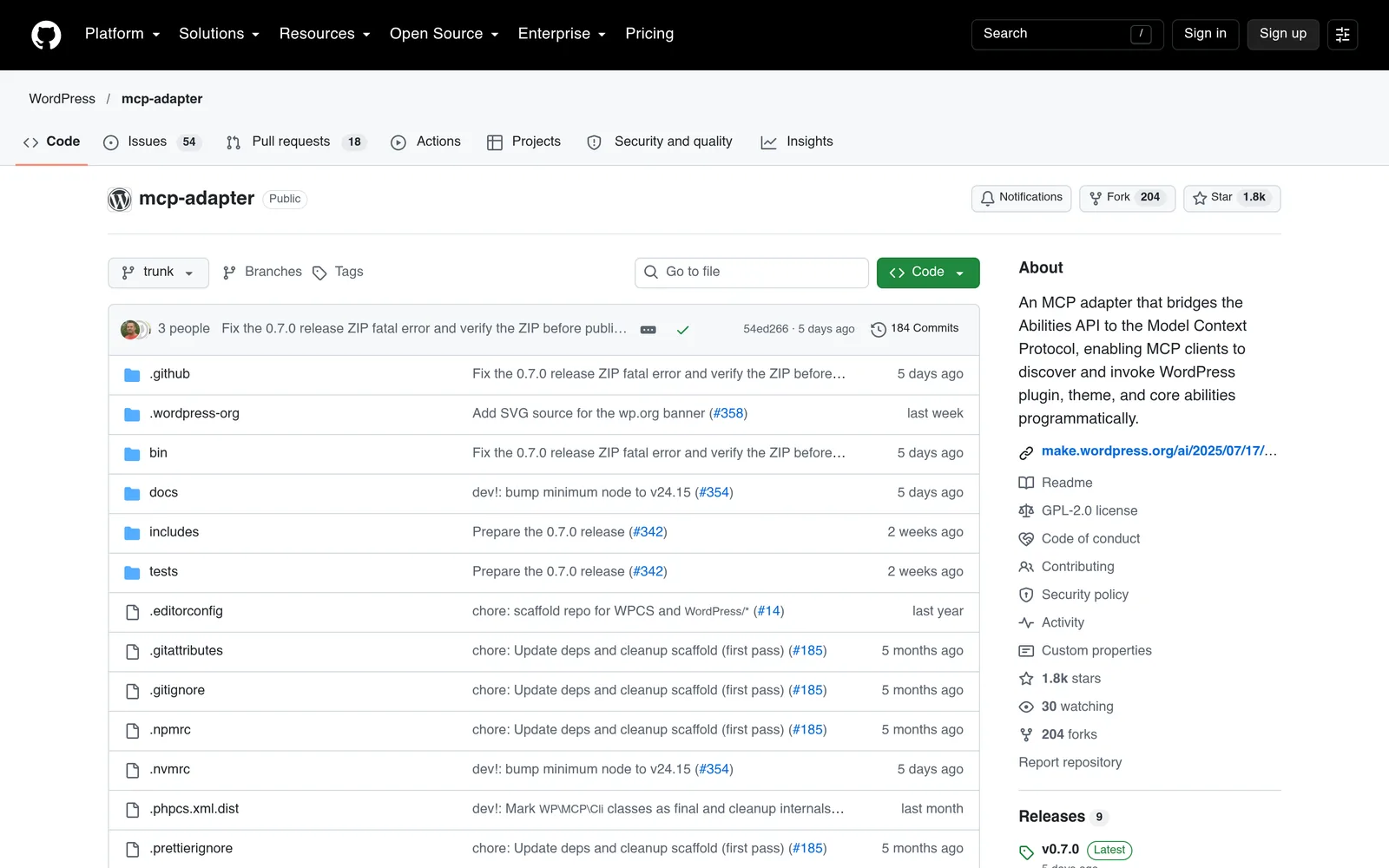 WordPress MCP Adapter: How To Install It, Connect Claude, And Lock It Down Wordpress mcp-adapter repository on github showing the 0. 7. 0 release